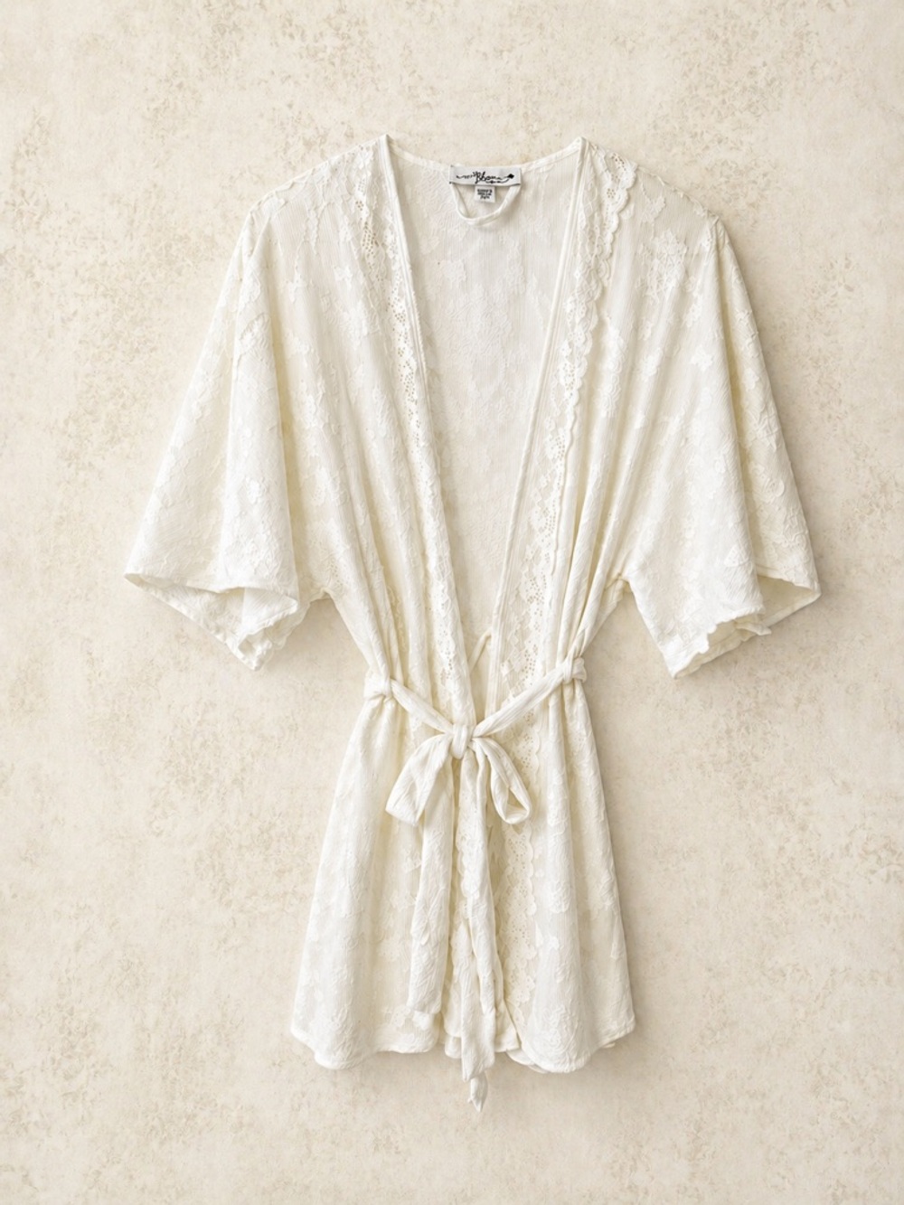 White Lace Kimono Robe XS/S In Bloom by Jonquil Sheer Floral Tie Waist